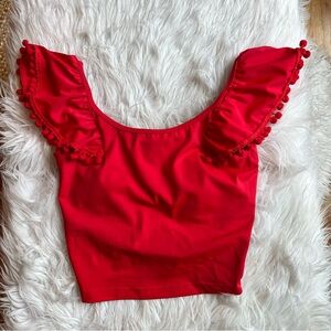 Kortni Jeane Tomato Red Flounce Pom Pom Sleeve Crop Swim Bikini Top